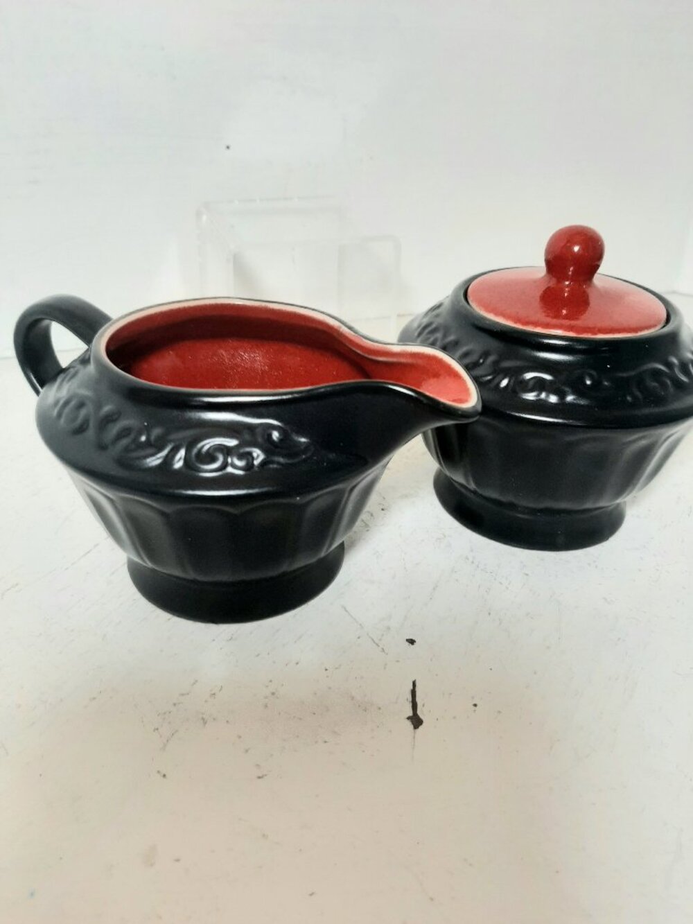 Dramatic Mikado Black and Red Cream and Sugar Set by Tannix